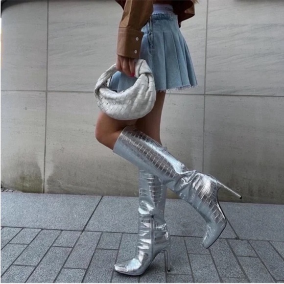 Zara Shoes - Zara •Womens Crocodile Metallic Silver Knee-High Women's Block Heel Boots 8 NWT
